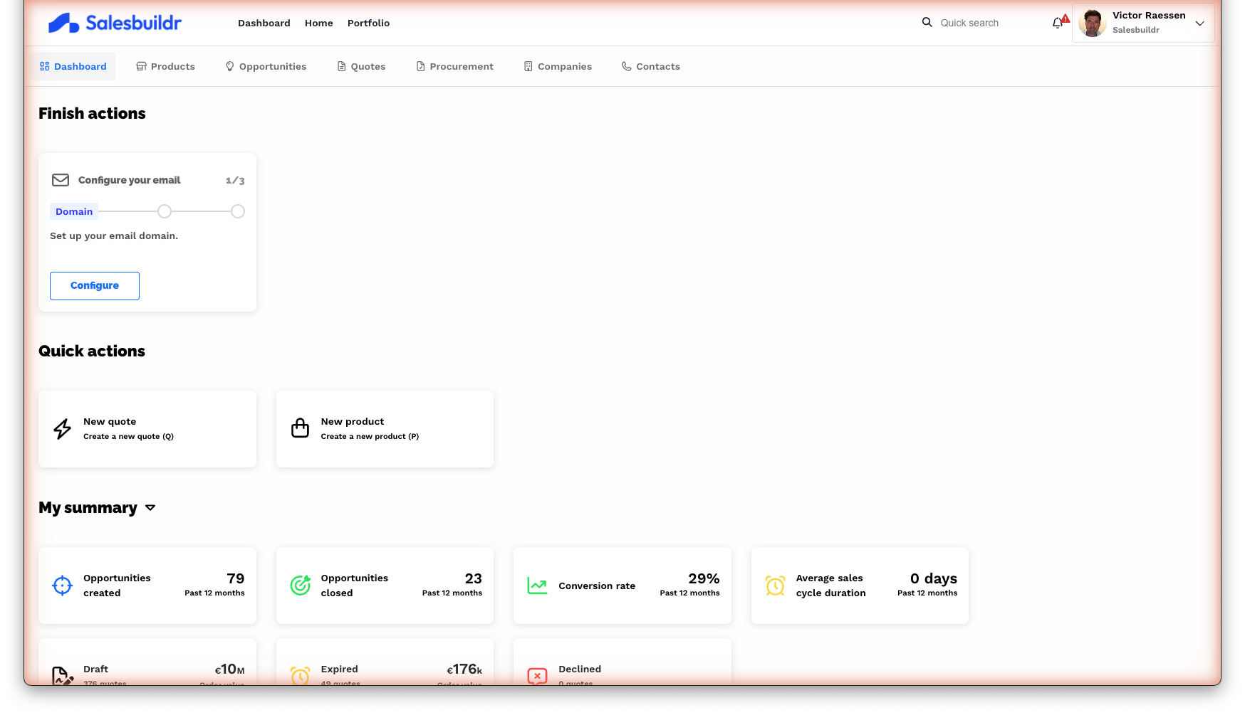 Dashboard overview showing Finish Actions checklist, Quick Actions cards, and My Summary KPIs