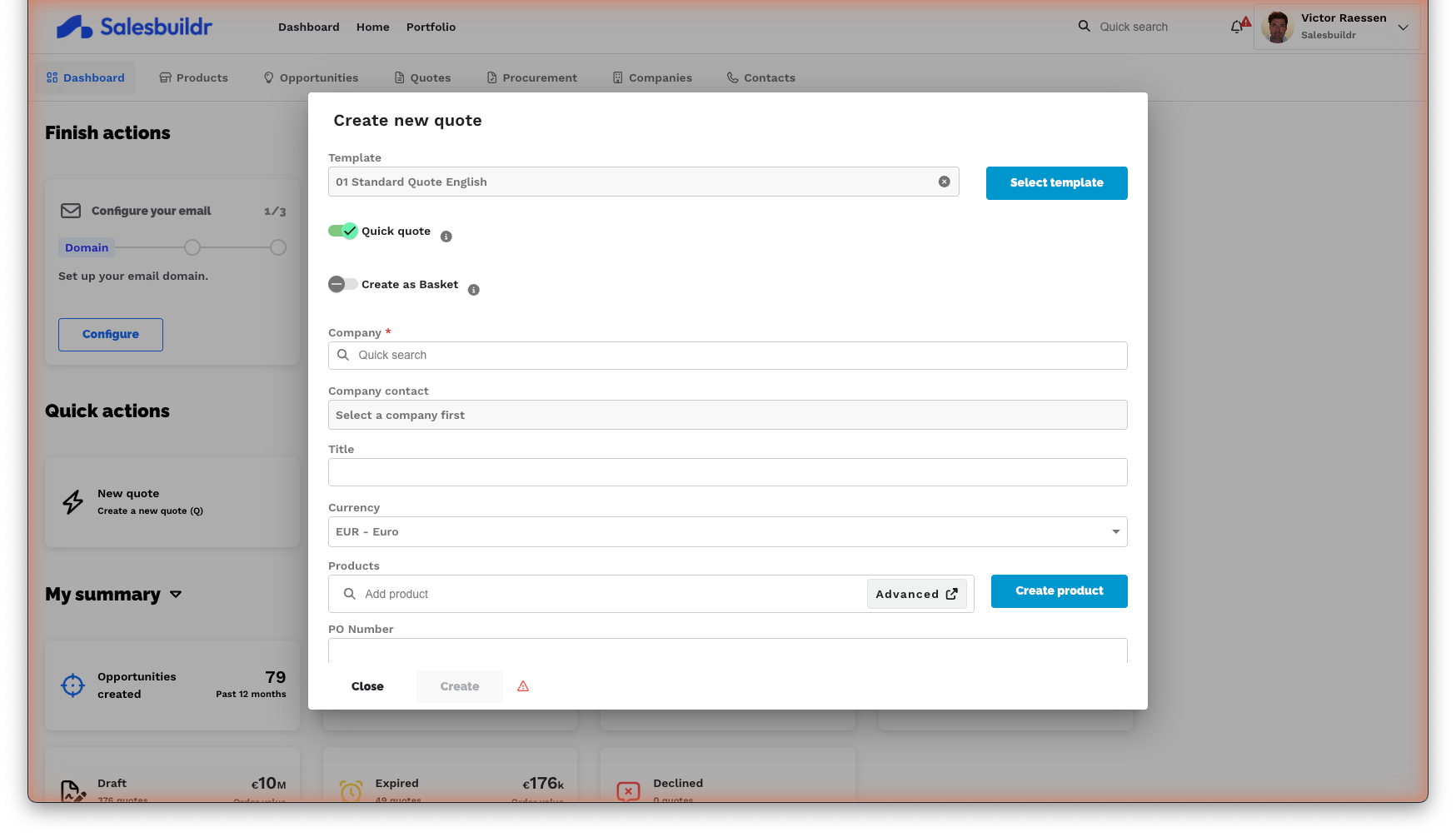 Quick Quote creation dialog from the dashboard