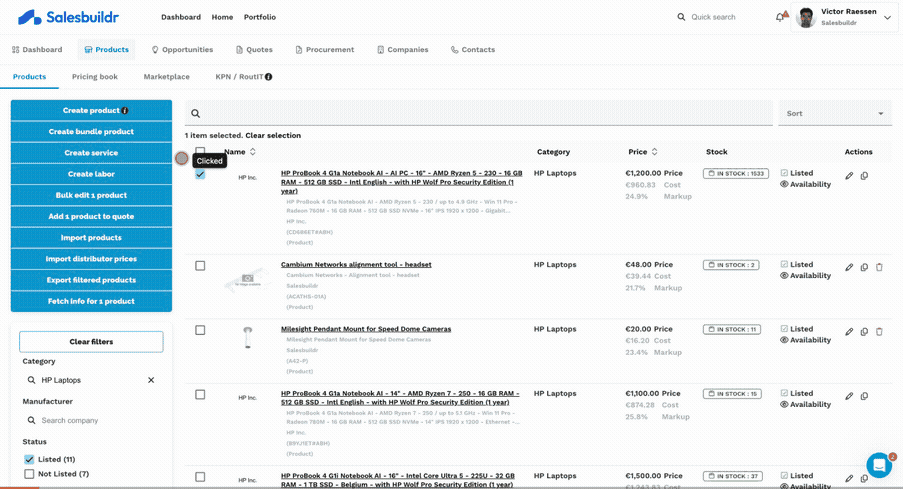 Bulk edit workflow — select products, open dialog, switch tabs