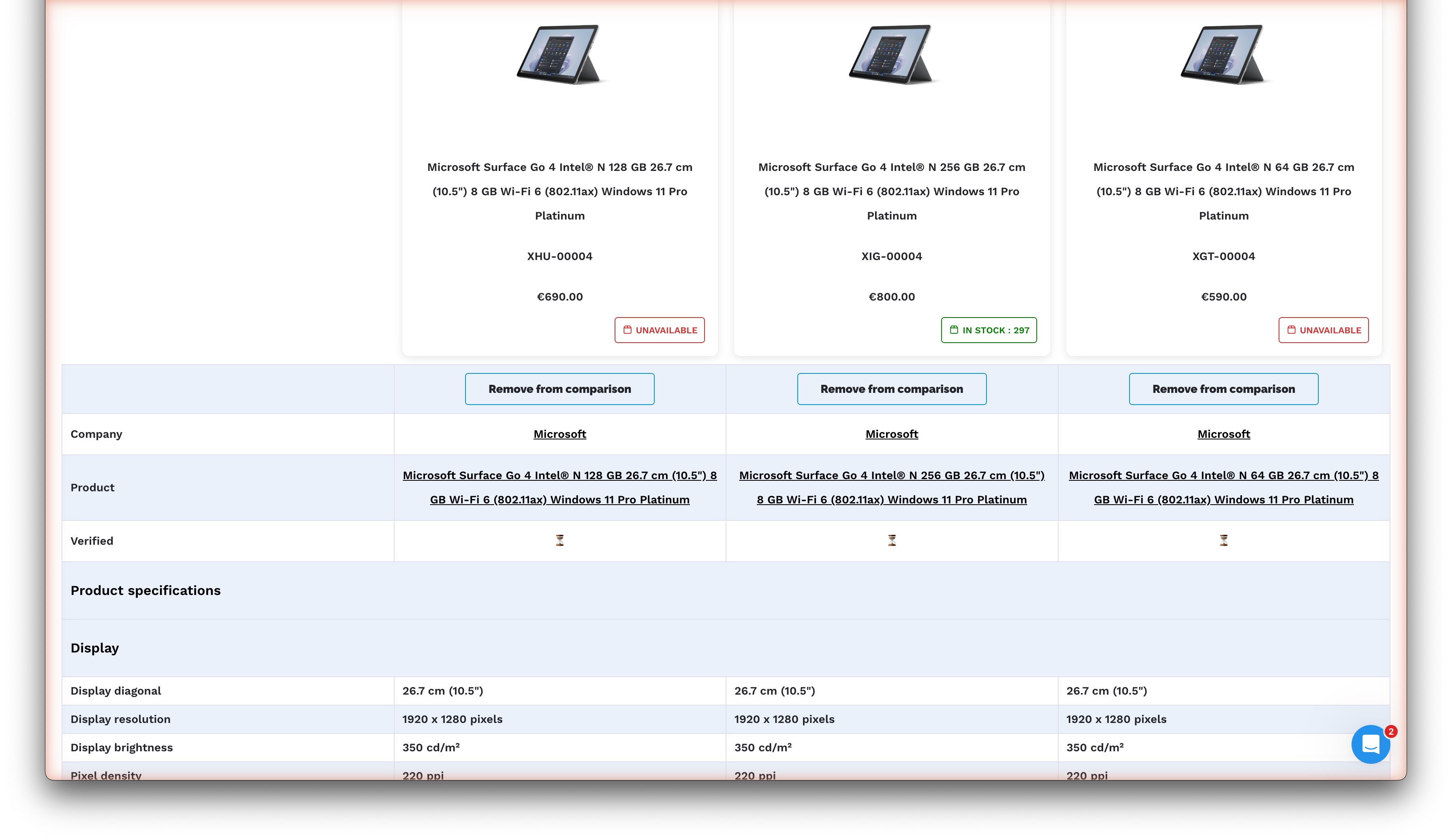 Product comparison page with 3 products