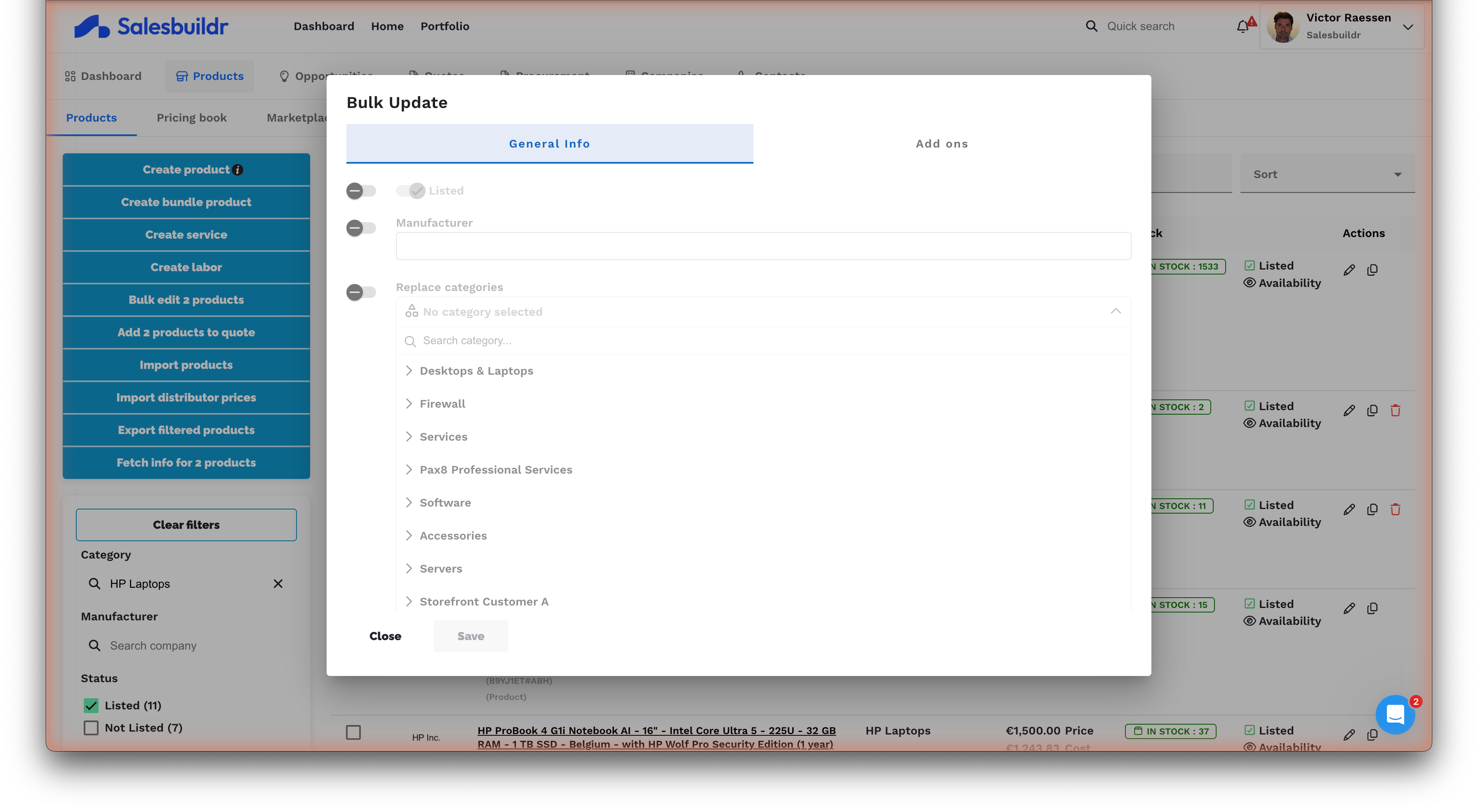Bulk Update dialog showing General Info and Add-ons tabs with Listed toggle, Manufacturer field, and Replace categories section with category tree