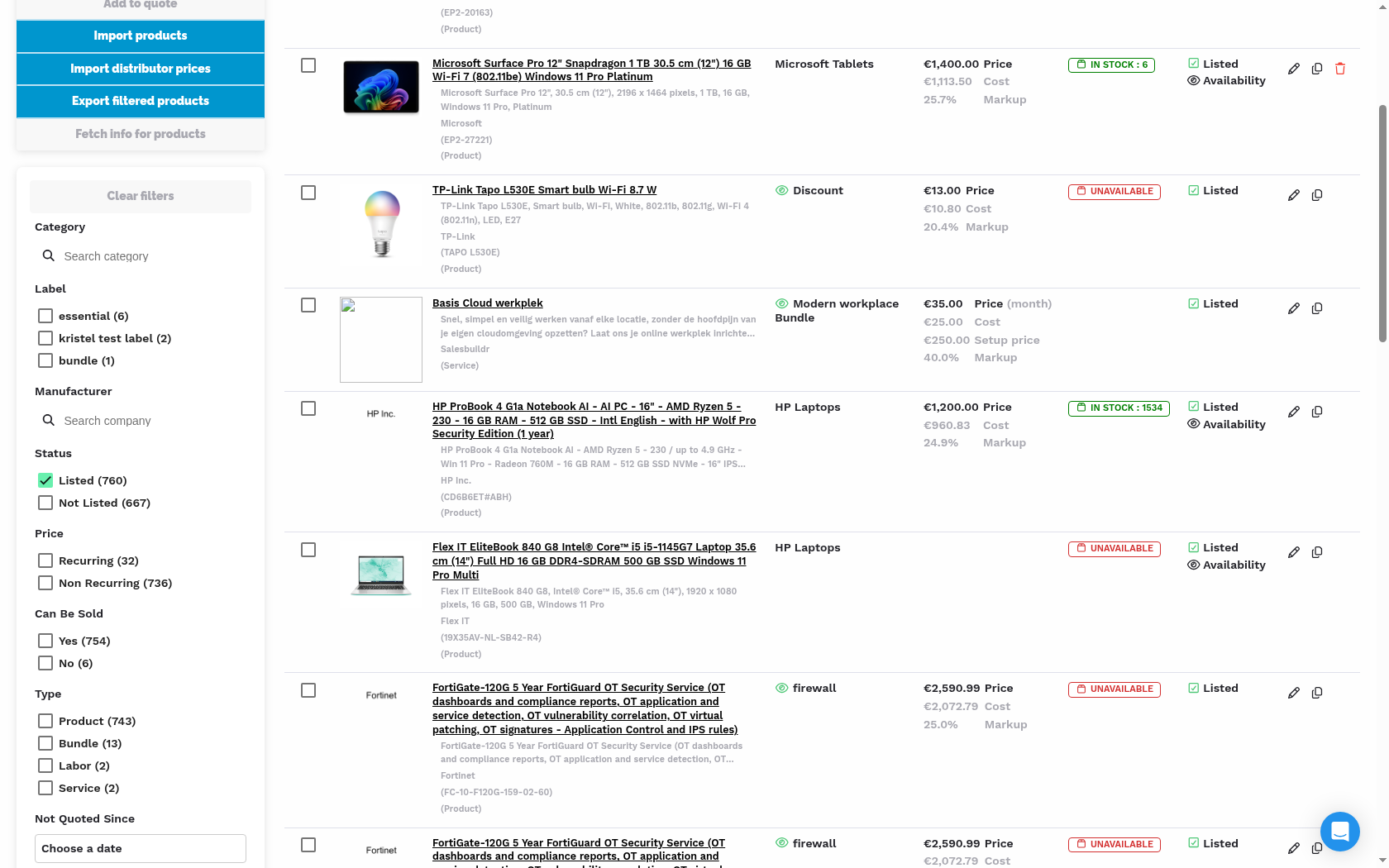 Filter sidebar showing checkbox filters with result counts for distributors, manufacturers, and categories — with active filters highlighted