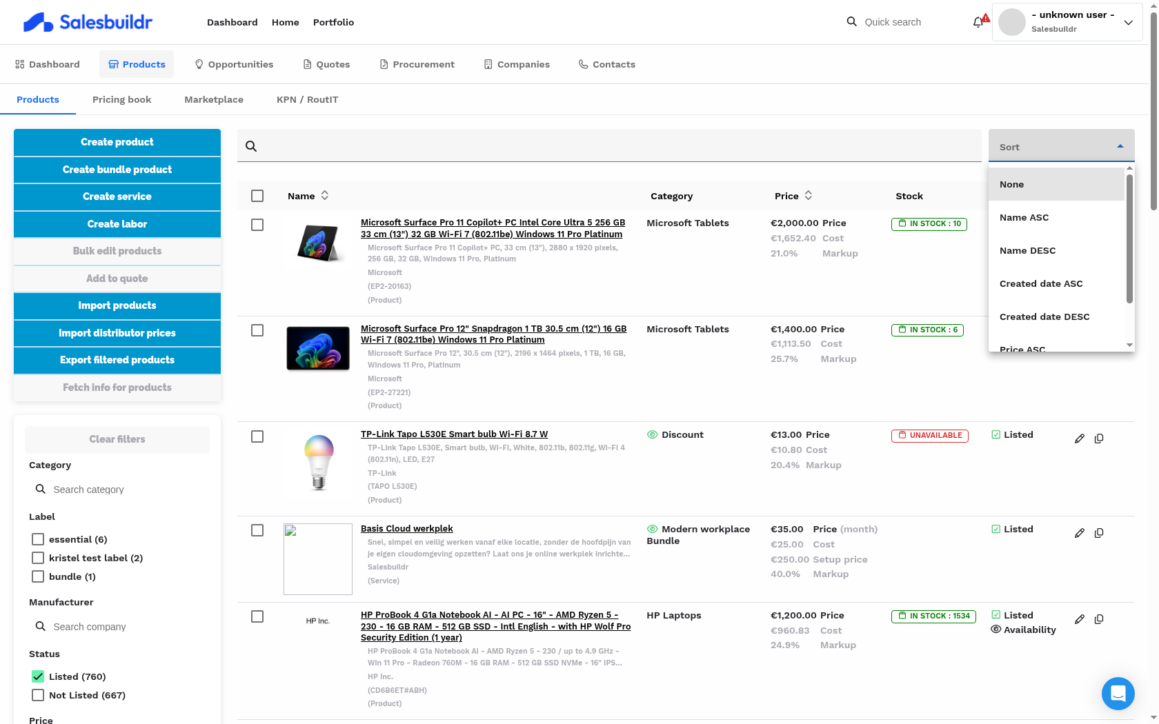 Sort dropdown showing available sort options including Name A-Z, Price low to high, and Date added