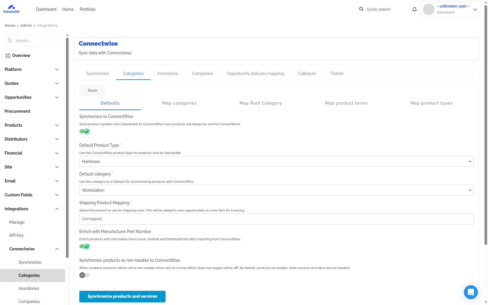 ConnectWise product import settings