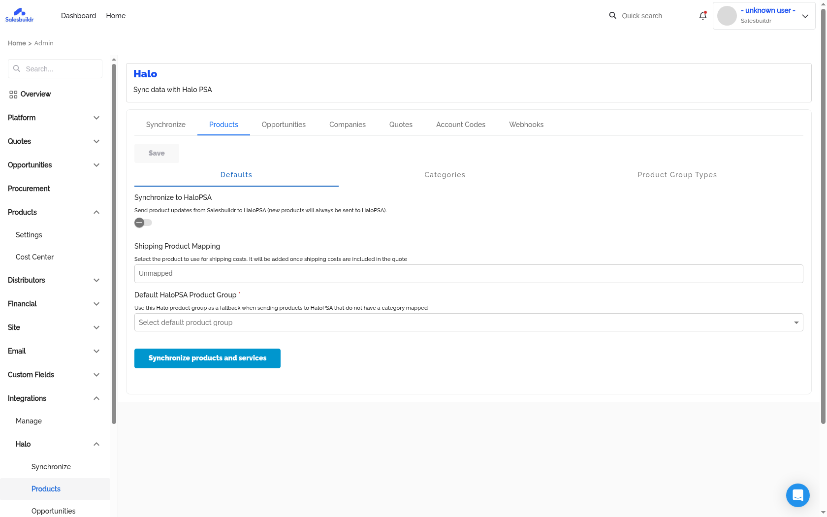 HaloPSA product import — Defaults tab