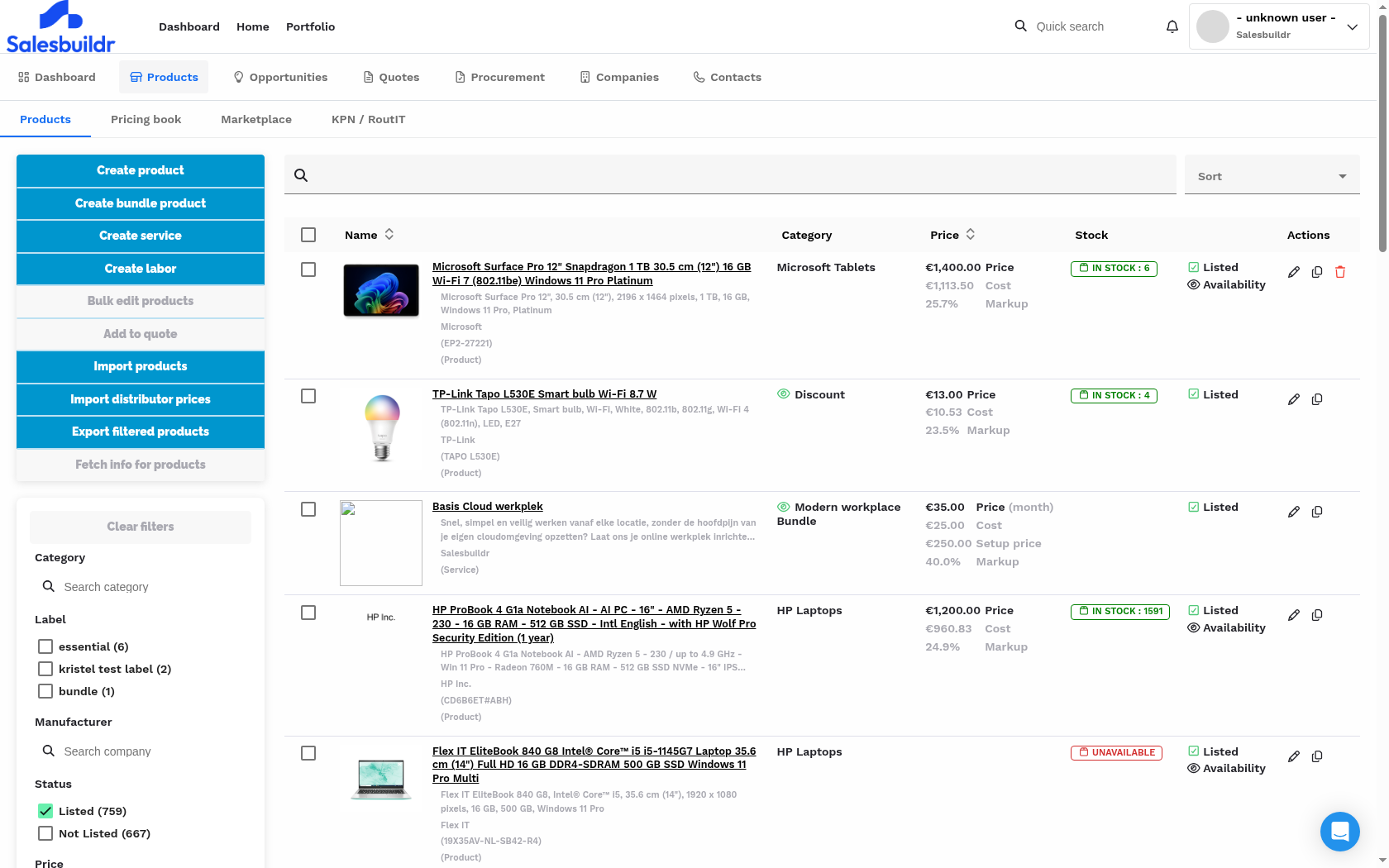Product list overview