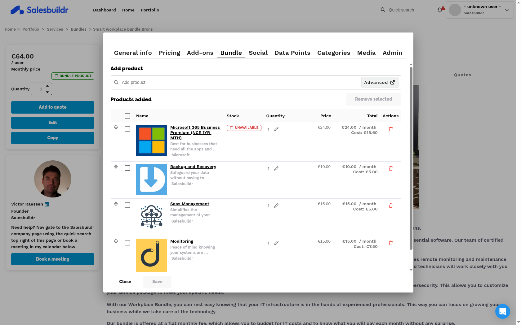 Bundle management interface showing product search, added products table with Microsoft 365, Backup and Recovery, and other bundle items with quantities and monthly prices
