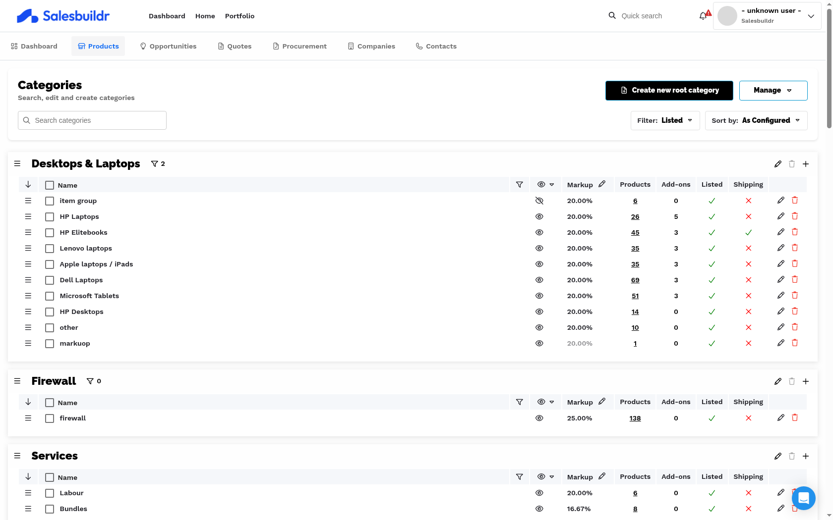 Categories admin page showing root categories (Desktops & Laptops, Firewall, Services) with subcategories and columns for Markup, Products, Add-ons, Listed, Shipping