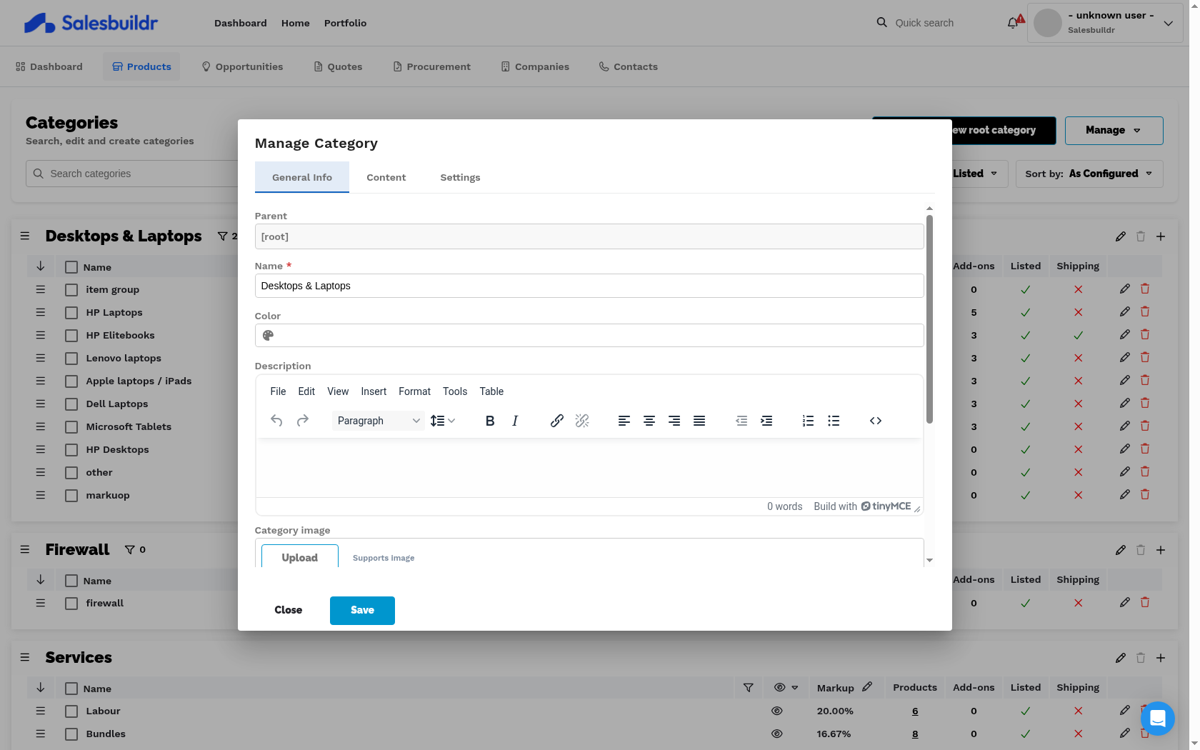 Category management dialog - General Info tab showing Parent, Name, Color picker, Description, and Category image fields
