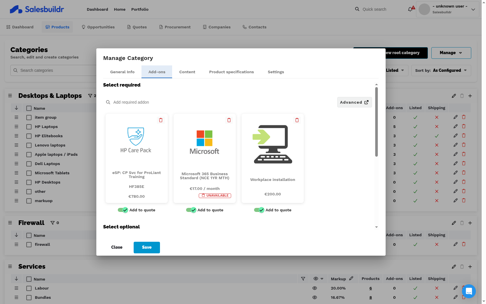 Category management dialog - Add-ons tab for configuring product add-ons that appear when sales reps add products from this category to a quote