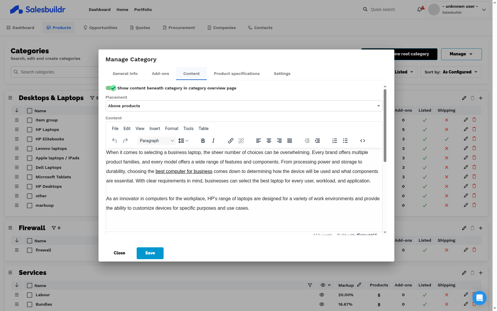 Category management dialog - Content tab with Show content toggle, Placement dropdown, rich text editor, image upload, and CTA button configuration