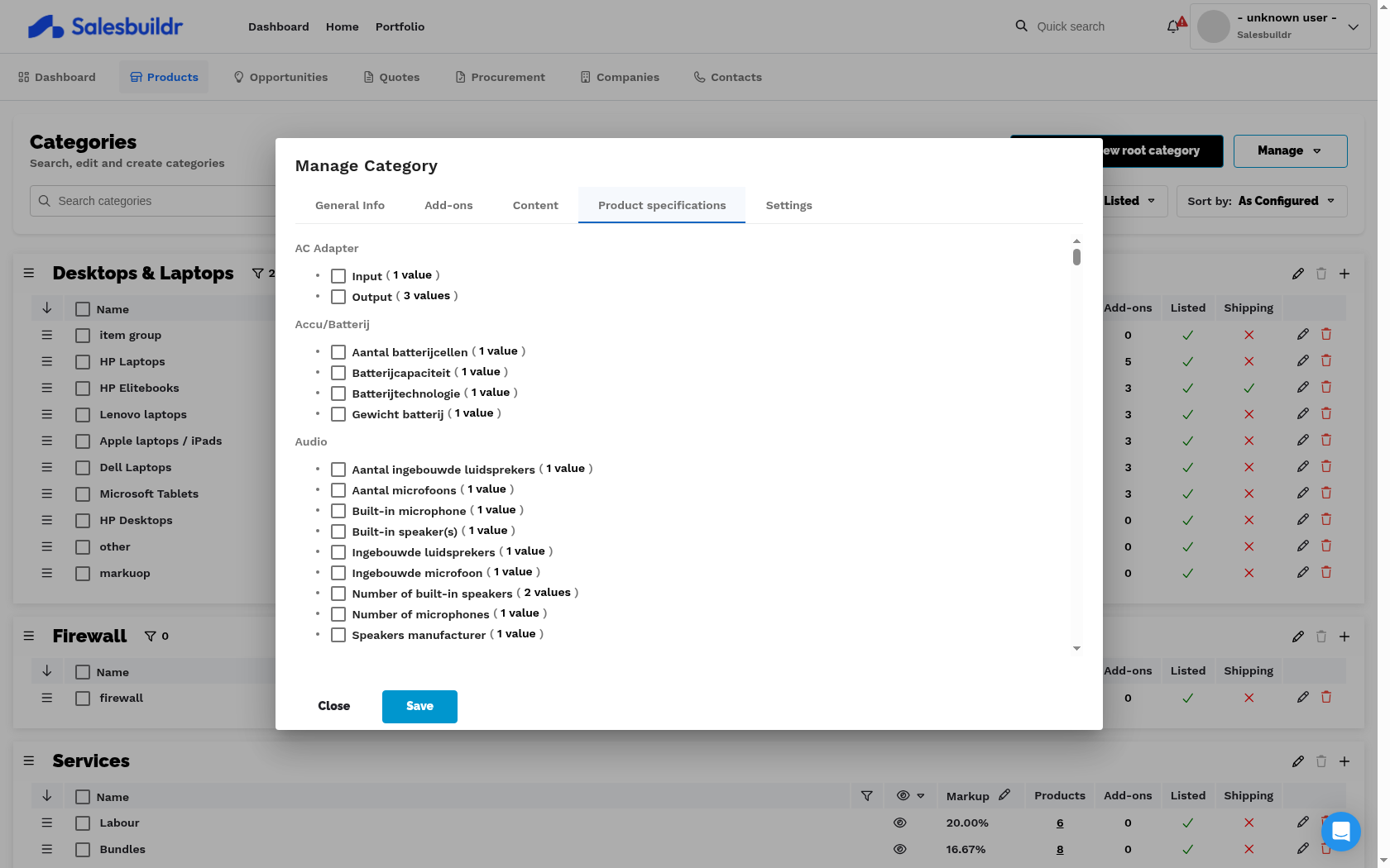 Category management dialog - Product specifications tab showing specification groups (AC Adapter, Accu/Batterij, Audio) with toggle controls for enabling each as a visible storefront filter