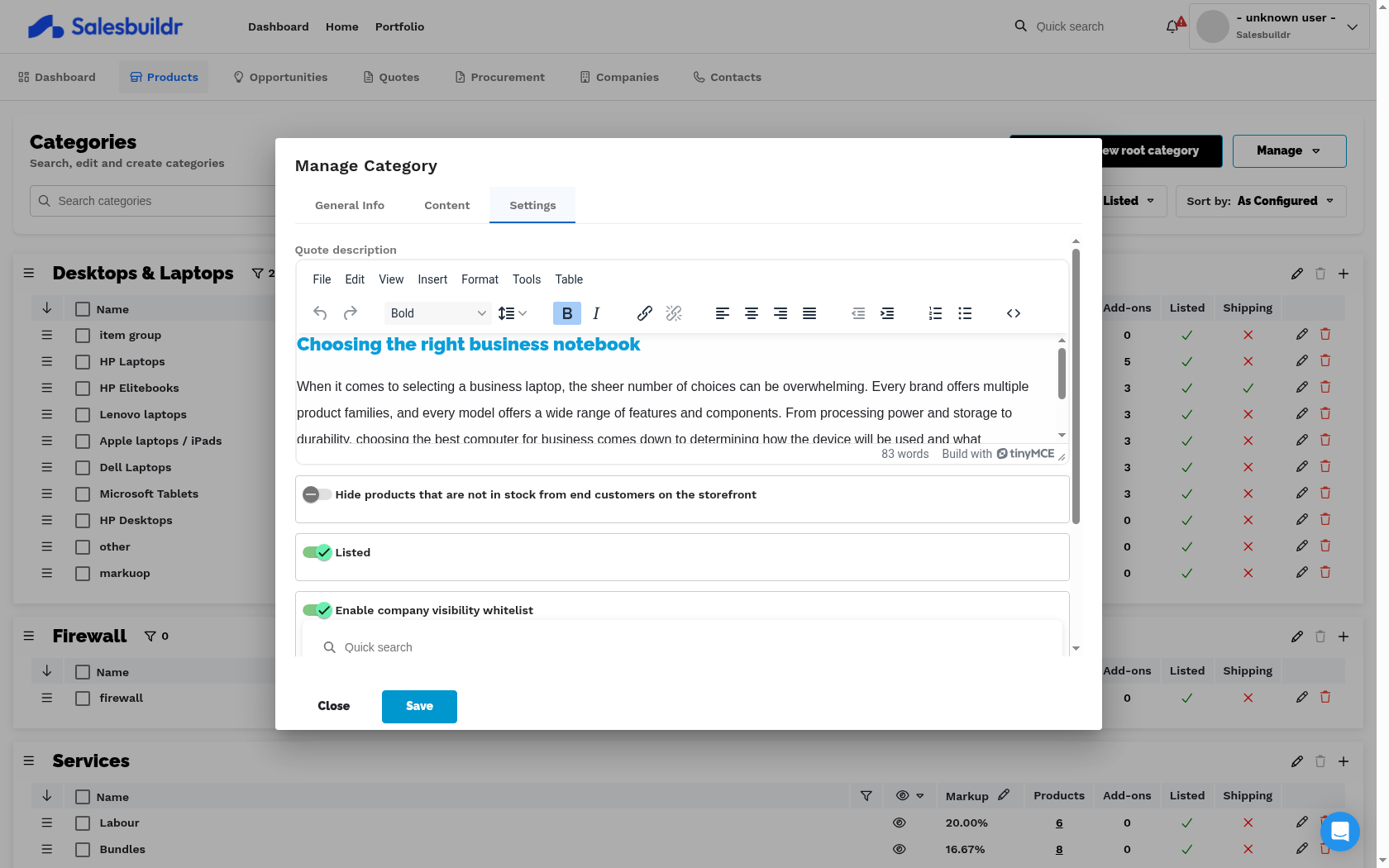 Category management dialog - Settings tab showing Listed toggle, Hide out-of-stock, Company whitelist, Classification whitelist, and other visibility settings