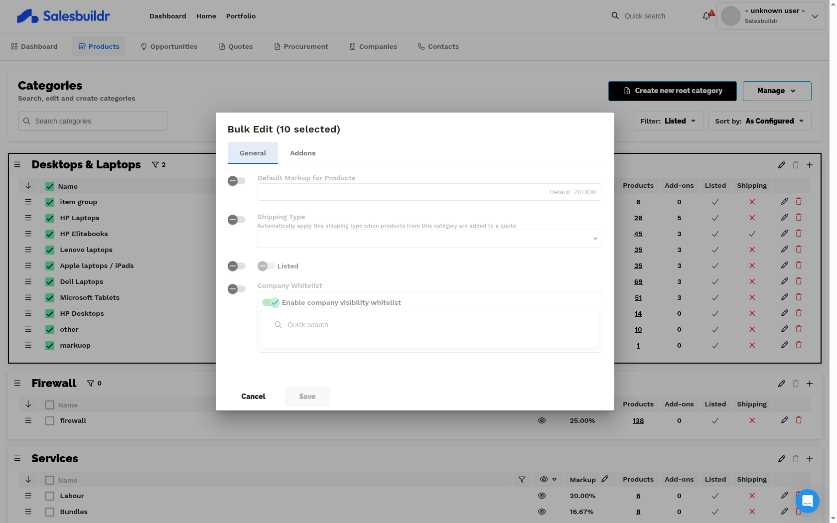 Bulk Edit dialog with 10 subcategories selected showing General and Add-ons tabs, Default Markup field, Shipping Type dropdown, Listed toggle, and Company Whitelist