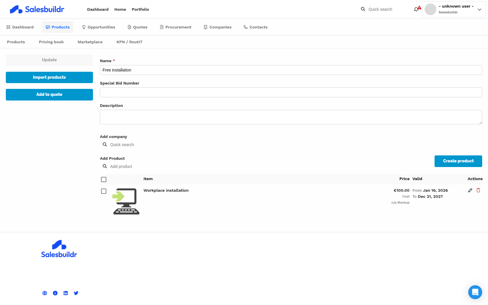 Pricing book detail view showing product entries with custom cost and price overrides, and valid date ranges