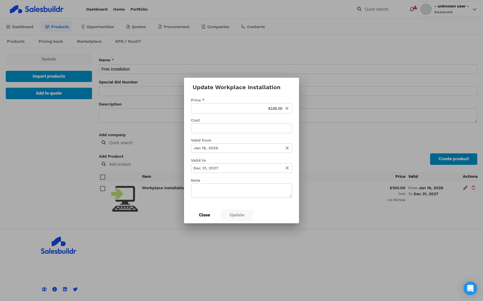 Product pricing dialog showing Price, Cost, Valid from, Valid to, and Note fields for a pricing book entry