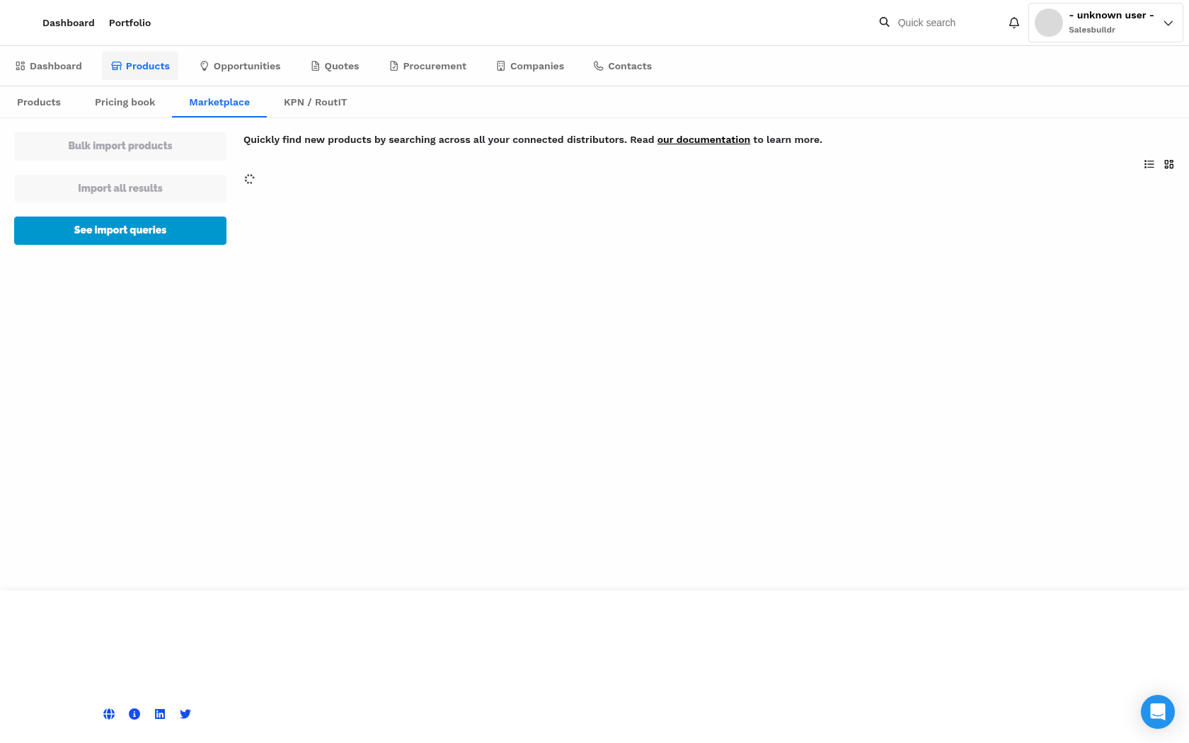 Marketplace page overview showing search bar, category filters, and live pricing results from connected distributors