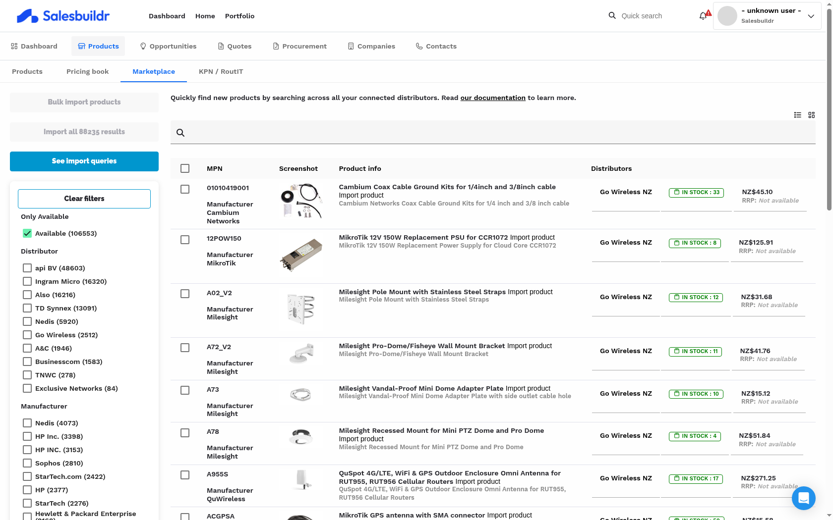 Marketplace in list view showing MPN, product image, product name and description, and distributor availability with pricing columns