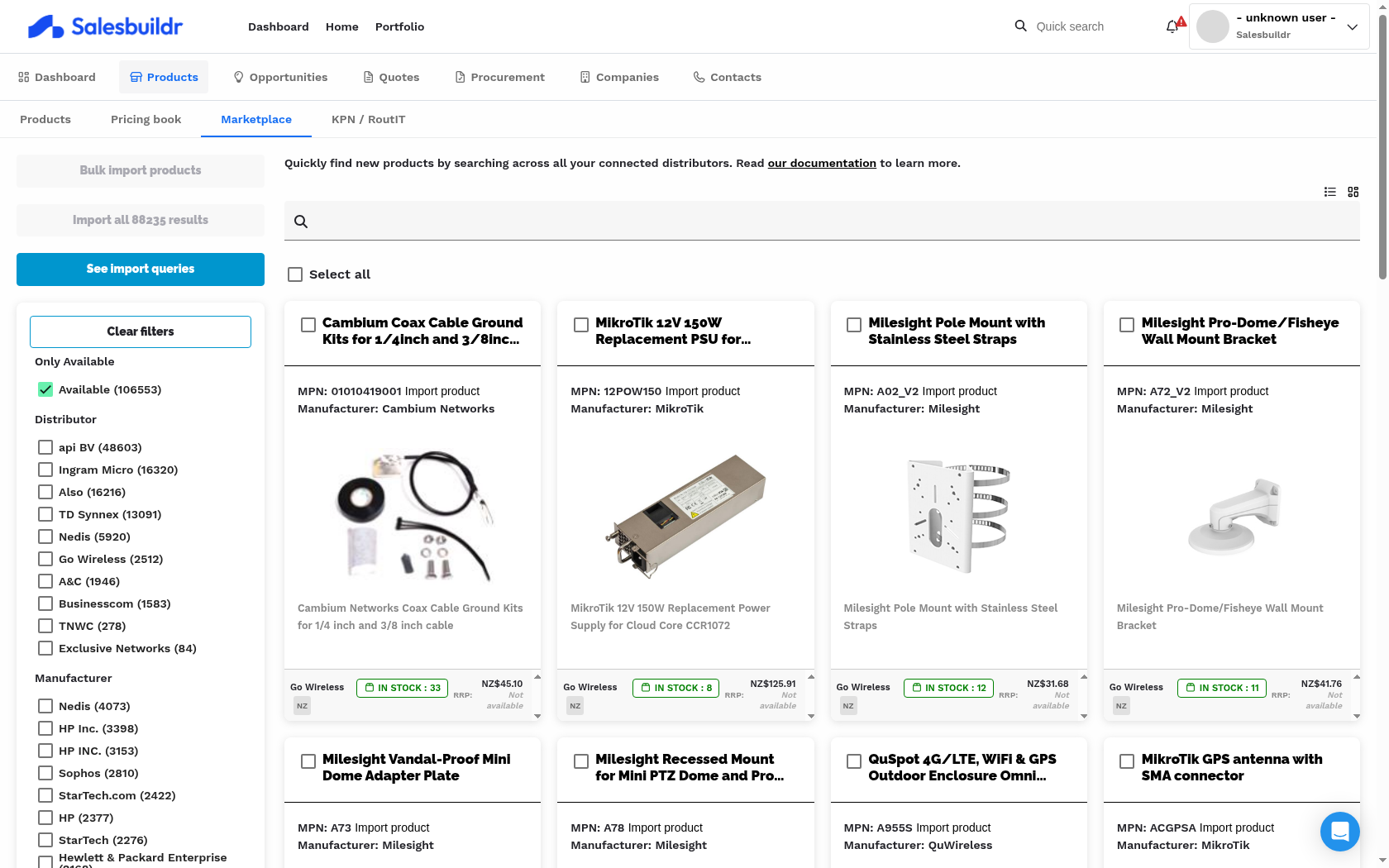 Marketplace in column view showing product cards with image, name, MPN, manufacturer, description, and distributor availability indicators