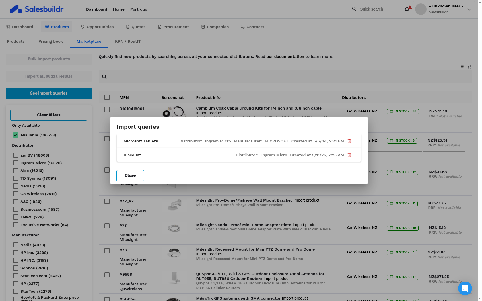 Import Queries dialog showing saved search configurations with target category, distributor filter, manufacturer filter, and query text