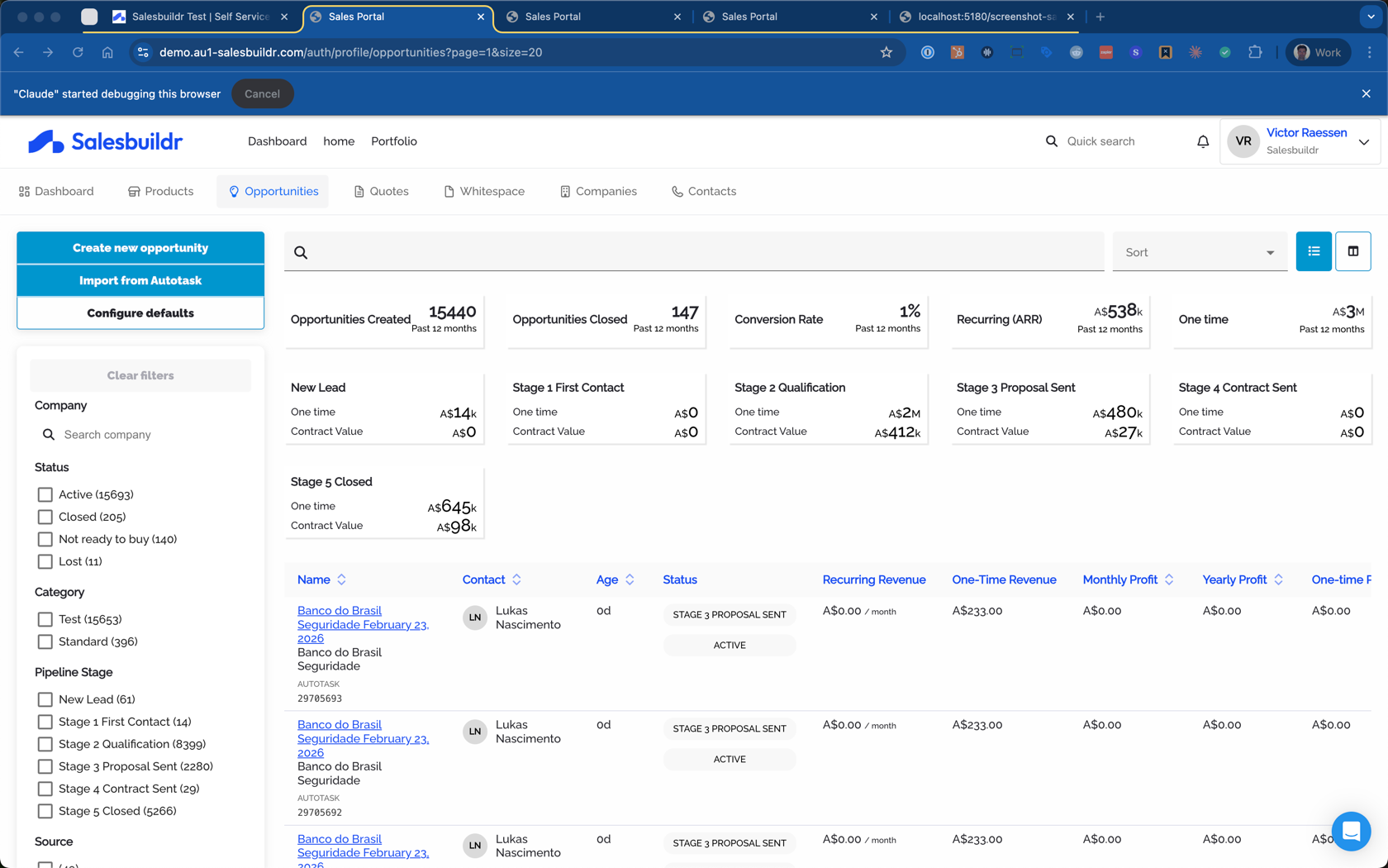 Autotask opportunities overview with Import from Autotask button and Autotask IDs