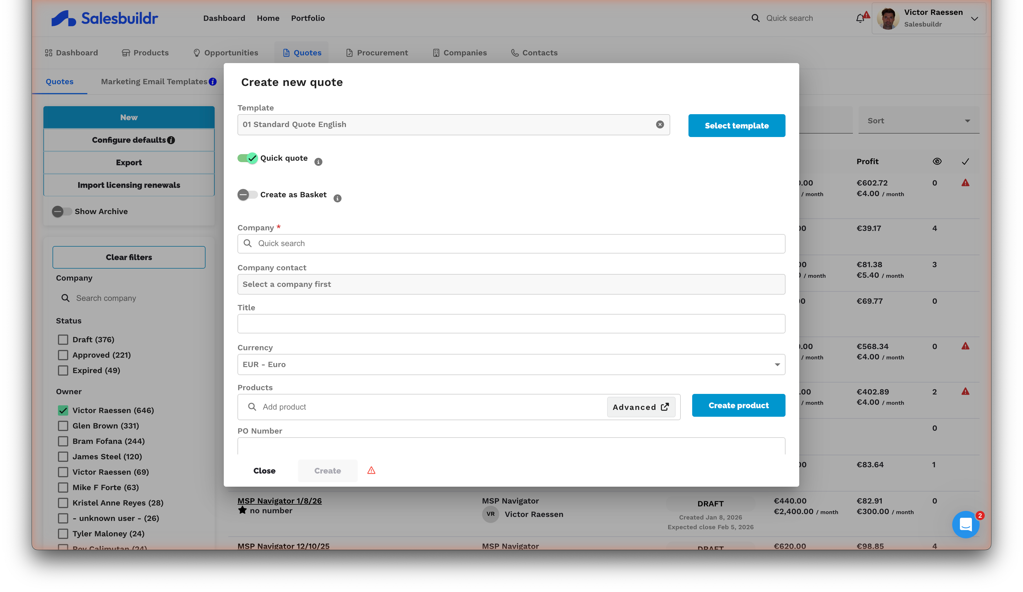 Create new quote dialog with template, company, and currency fields