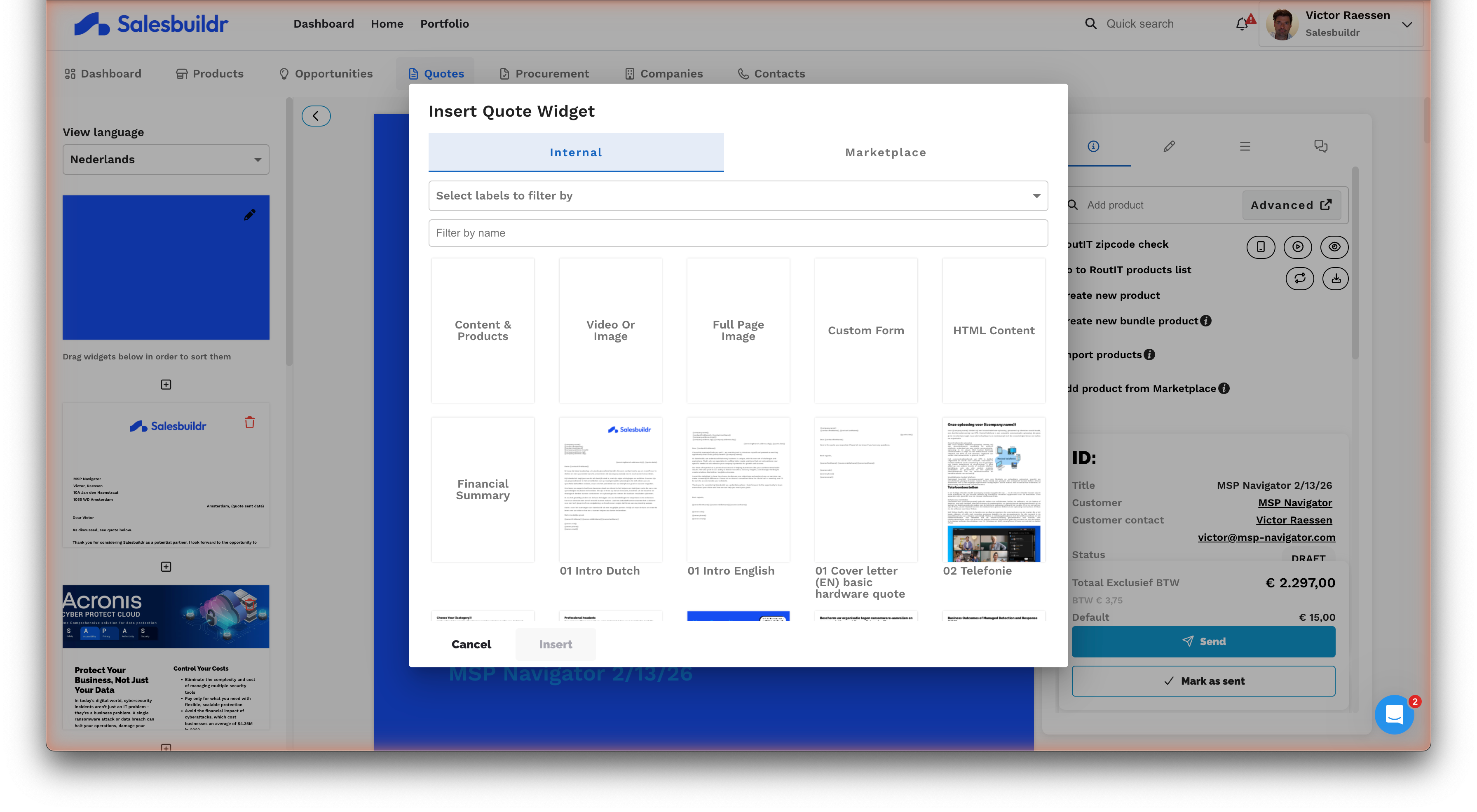 Insert Widget dialog with category tabs (Content, Video/Image, Full Page Image, Custom Form, Financial Summary) and template previews