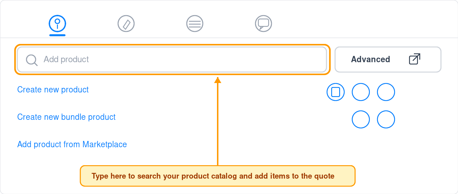 Product selector on the right panel — search bar, Advanced button, and create/marketplace links