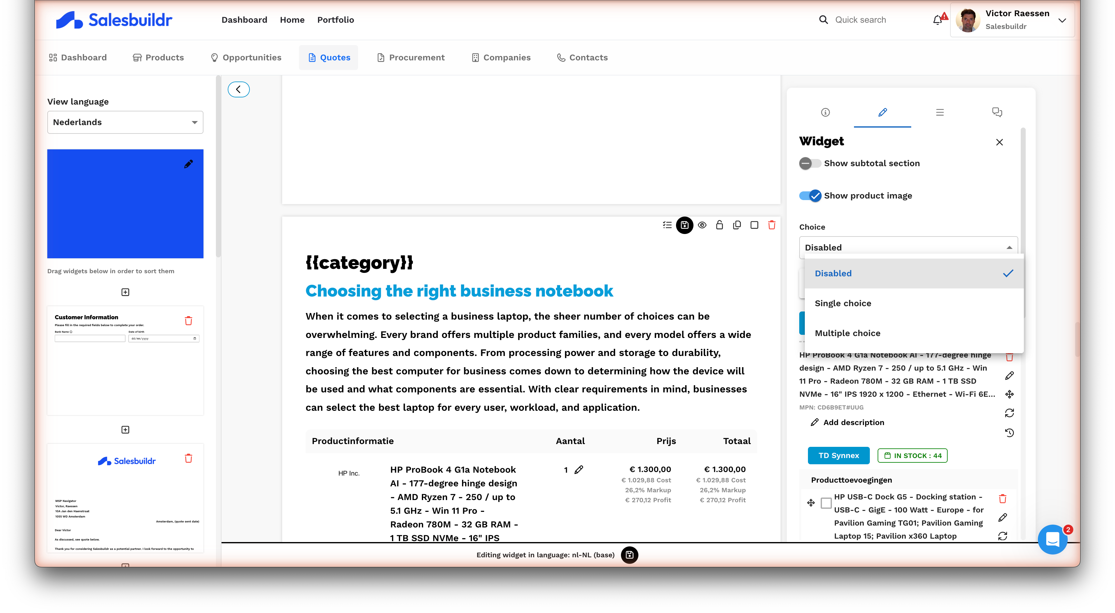 Configuring product choice options (single or multiple choice) on a widget