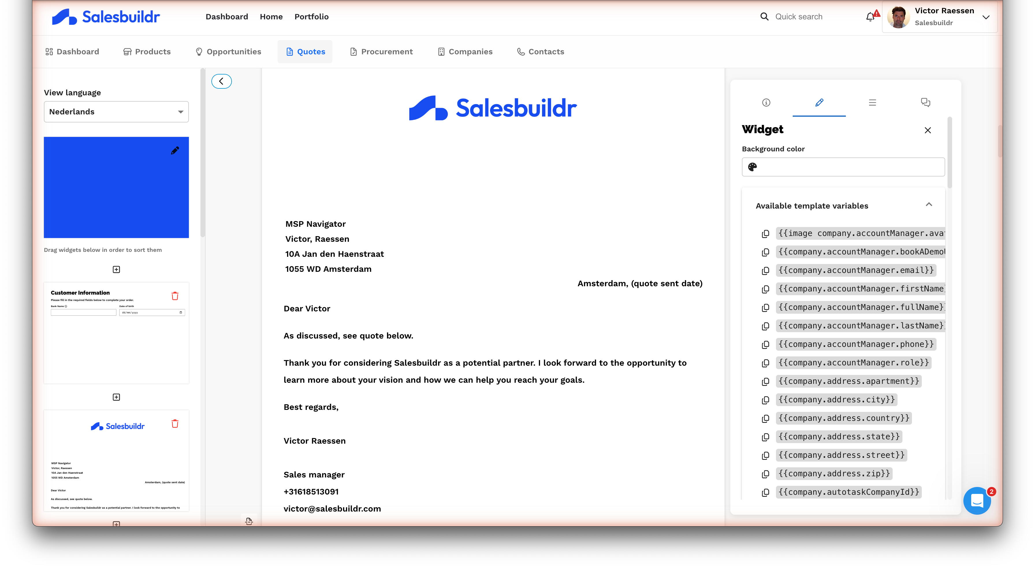 Product table with stock badges, form fields, and template variables sidebar showing available merge fields