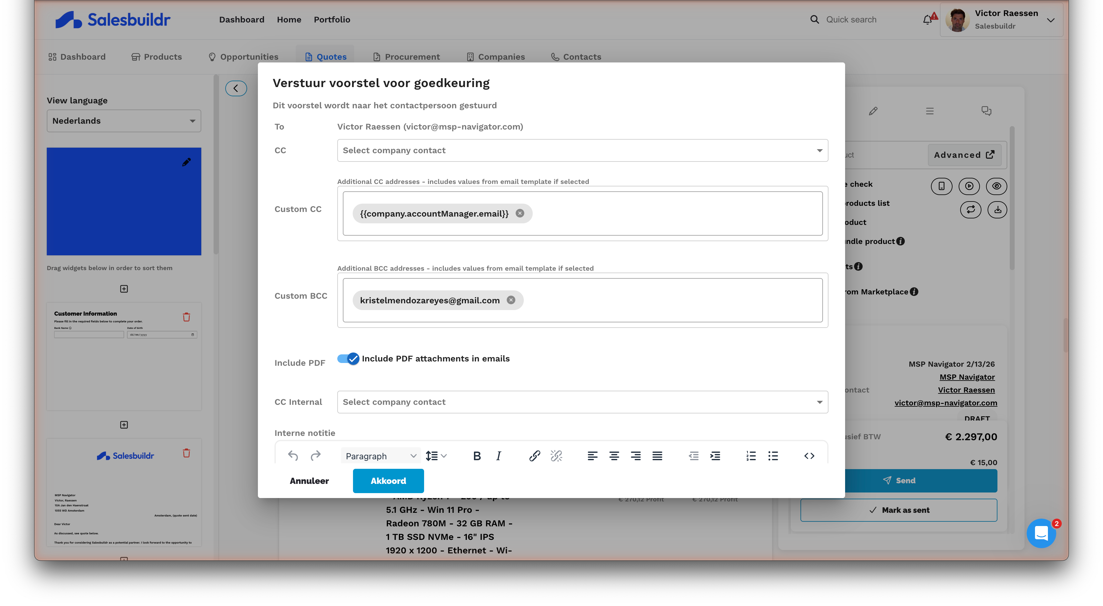 Send quote for approval dialog with recipient, CC, expiry, and shipping fields