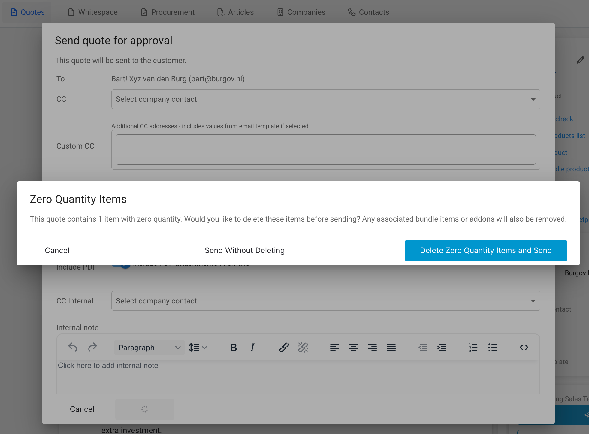 Zero quantity items warning when sending a quote