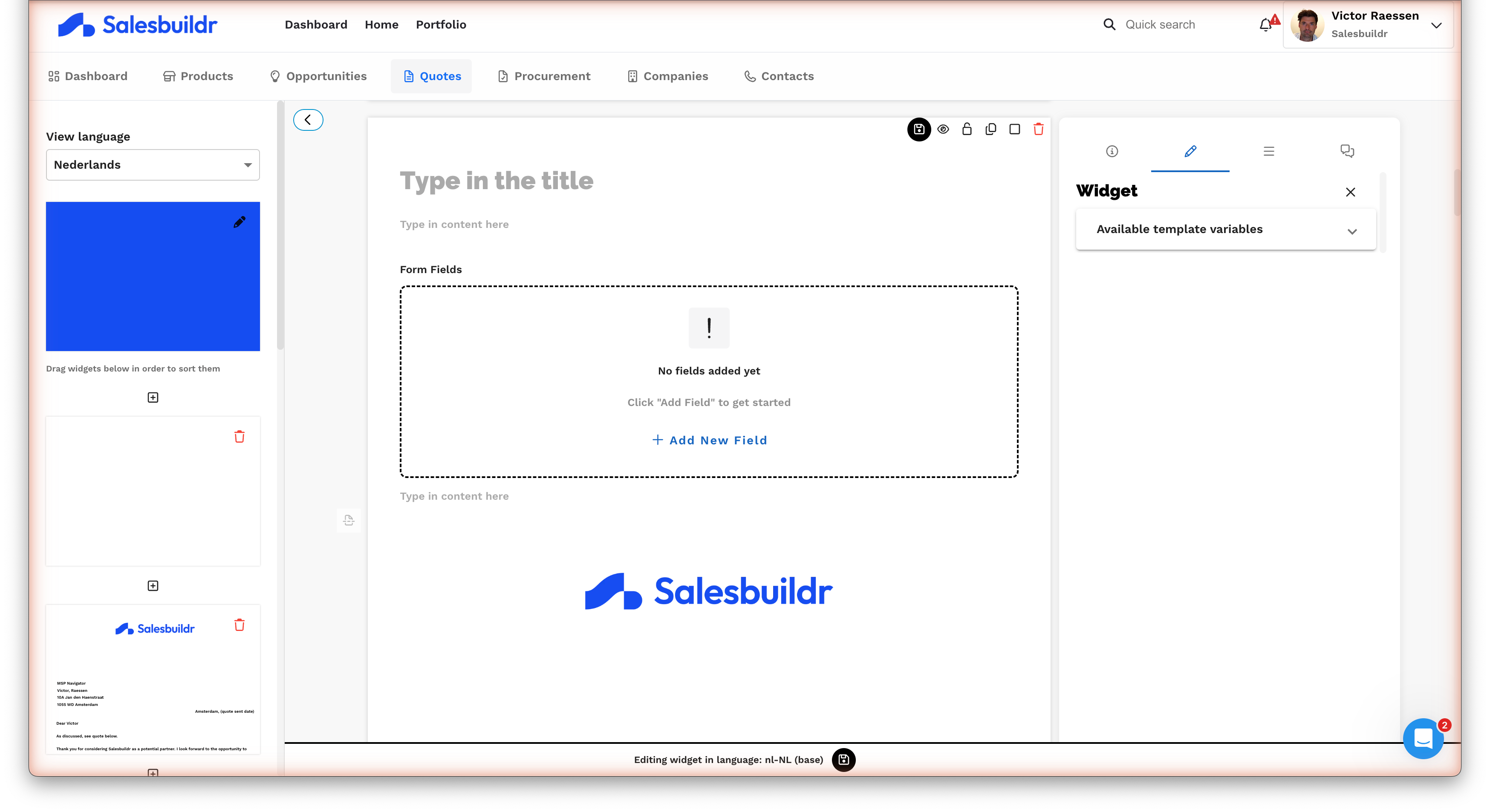 Empty custom form widget with title placeholder, content area, and Add New Field link