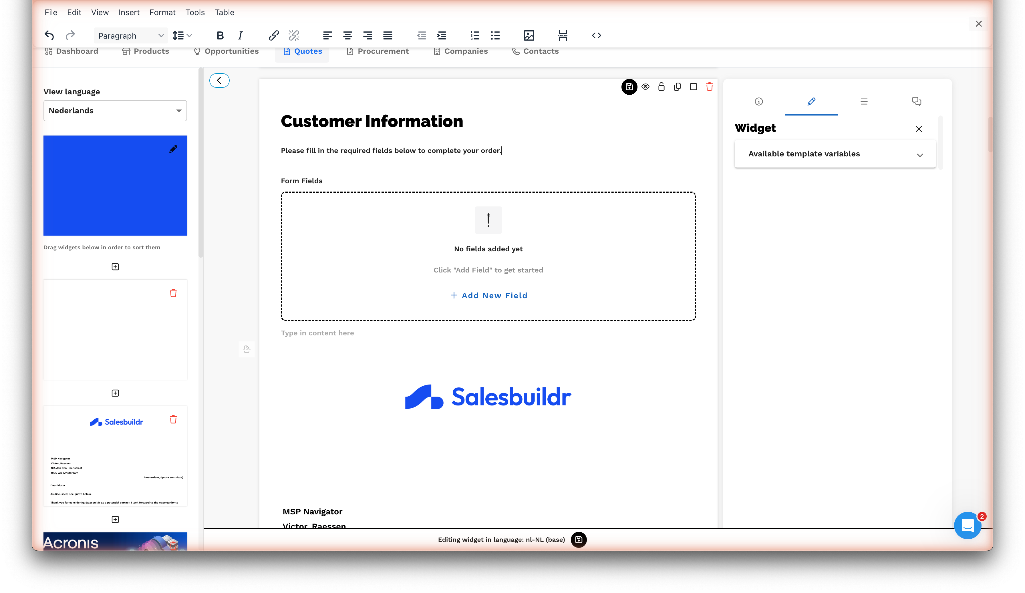 Form widget editor with rich text toolbar, description text, and Add New Field button