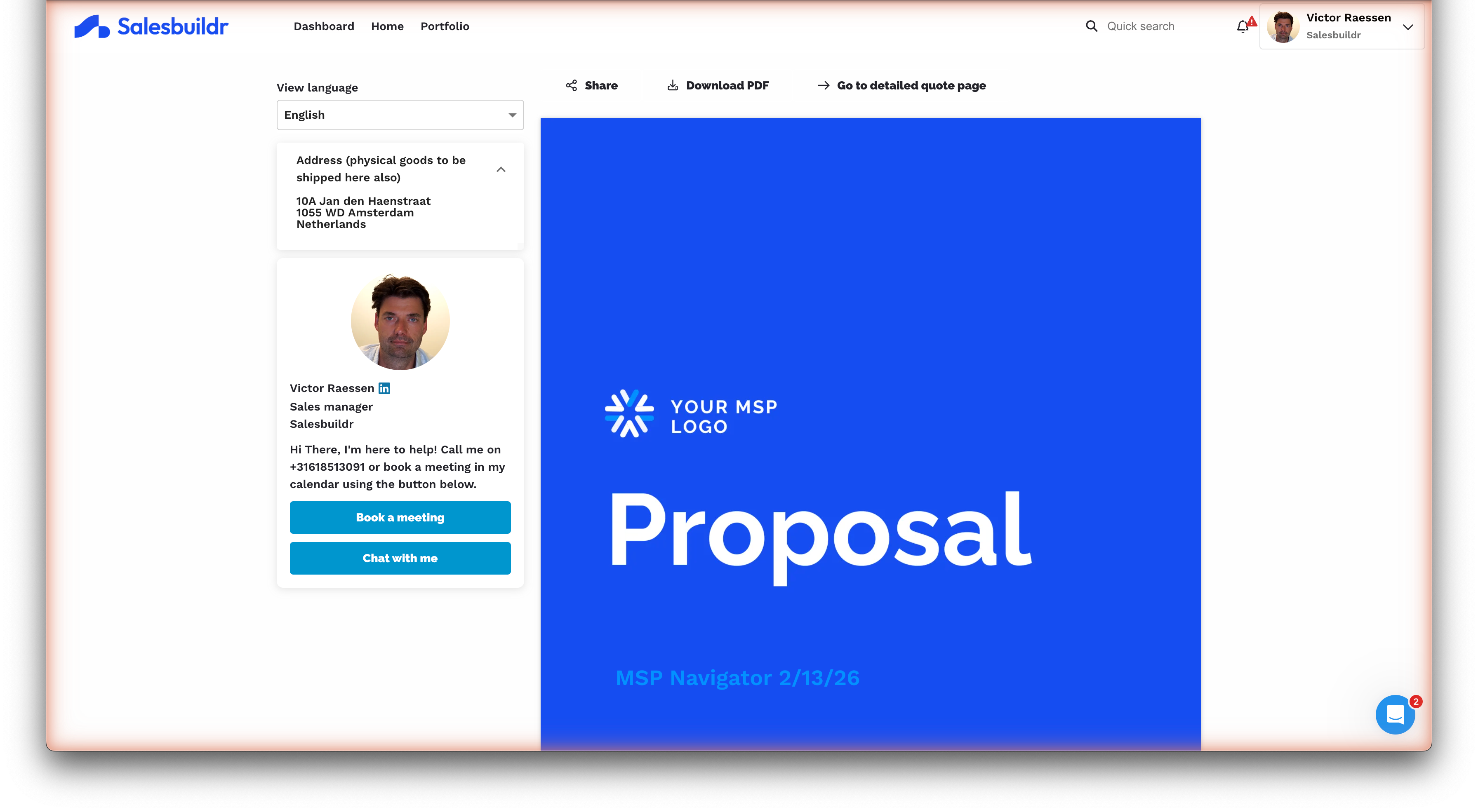 Customer-facing quote landing page with cover, sharing, and meeting options