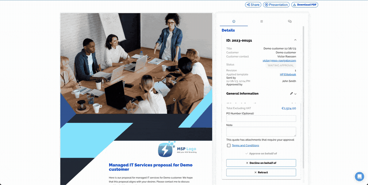 Customer-facing approval page with approve, decline, and retract buttons