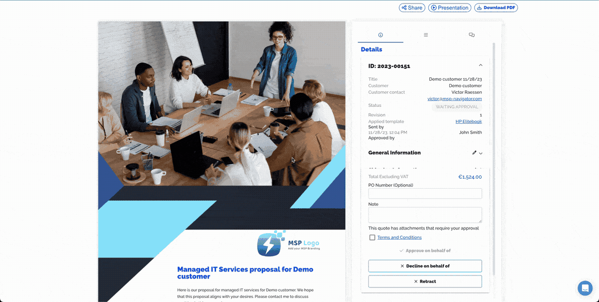 Approving or declining a quote on behalf of the customer