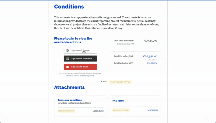 Customer sign-in options (Google, Microsoft, email) and attachment approval