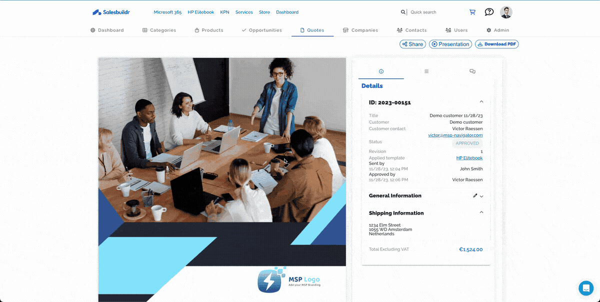 Sent quote presentation view with details panel
