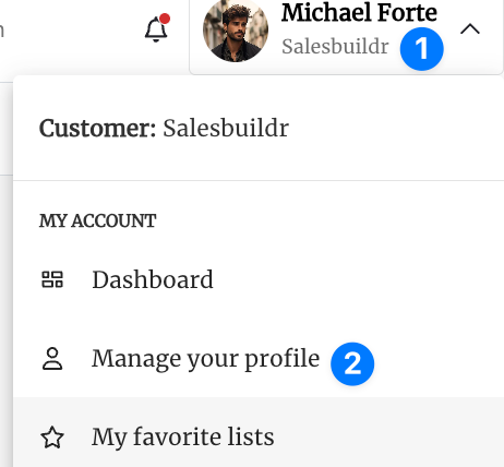 Customer portal menu with Manage your profile link