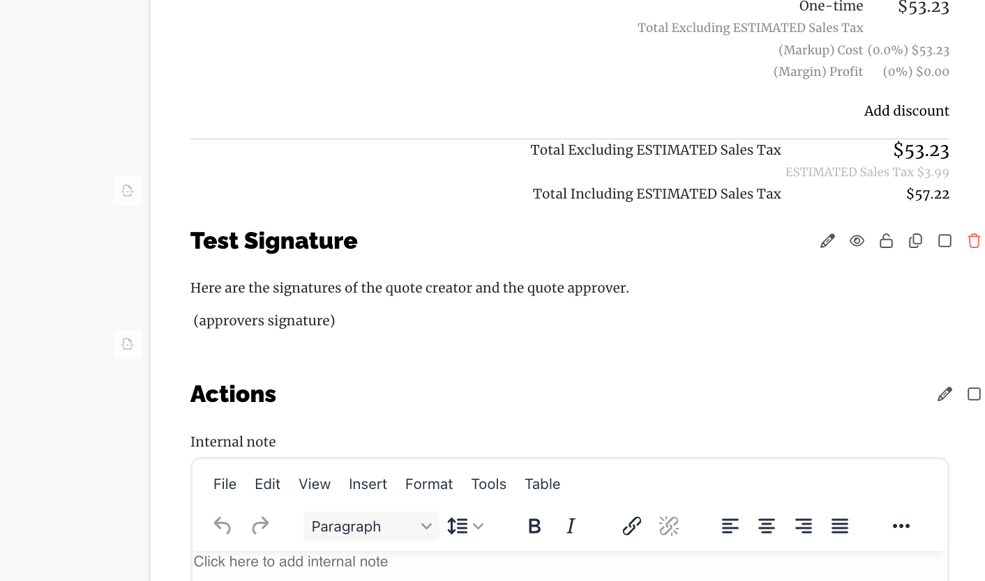 Signature block preview in the quote editor (placeholder state)