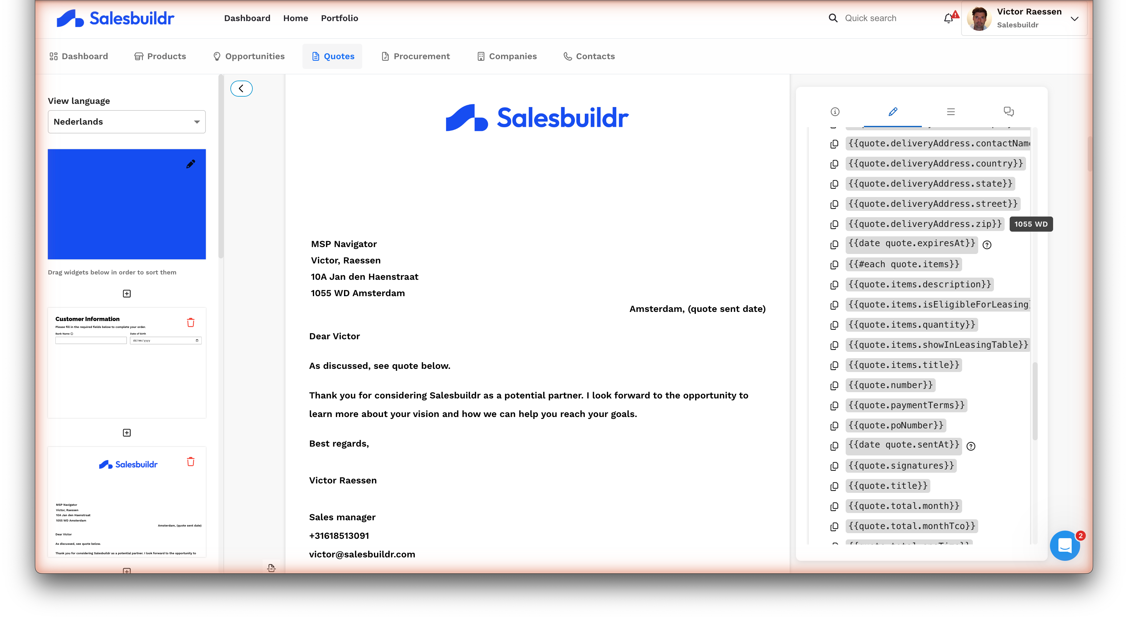 Adding the quote.signatures variable in a content block