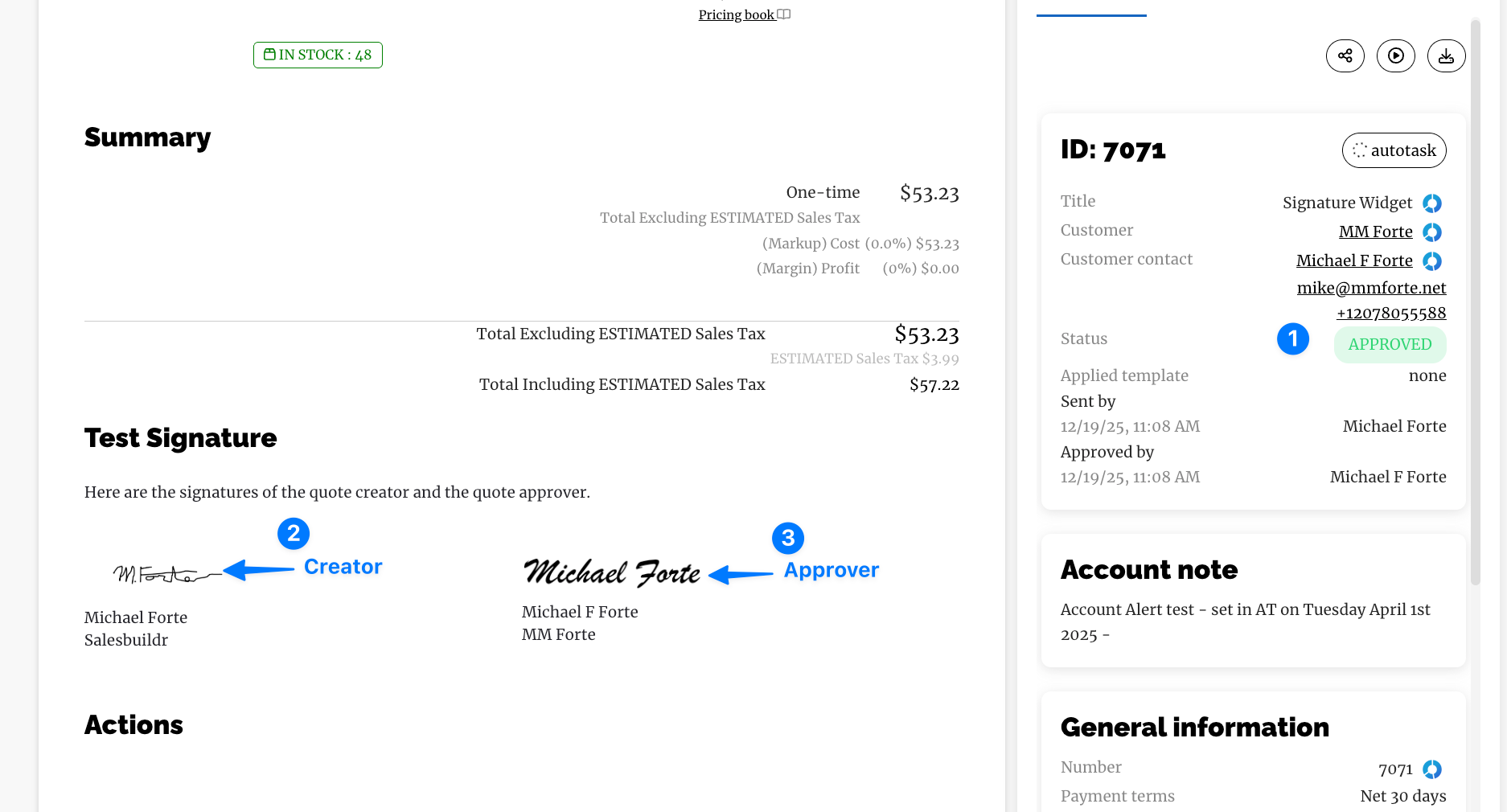 Approved quote with annotated creator and approver signatures