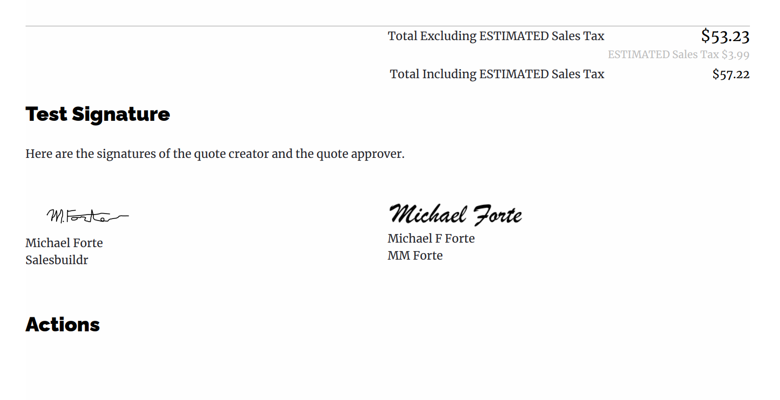 Customer-facing view of completed dual signatures with pricing totals