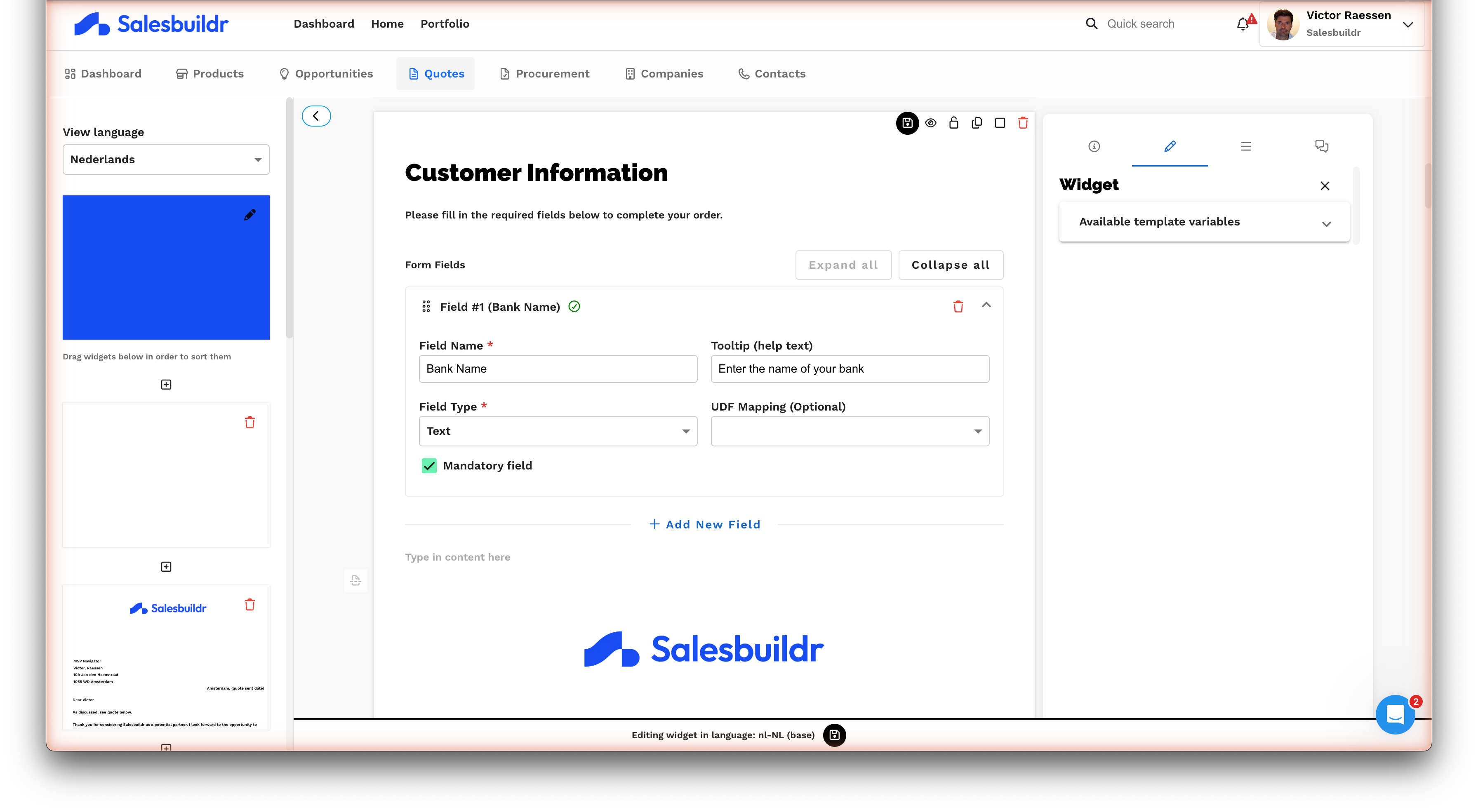 Form field configuration showing field name, tooltip, type selector, UDF mapping, and required field toggle