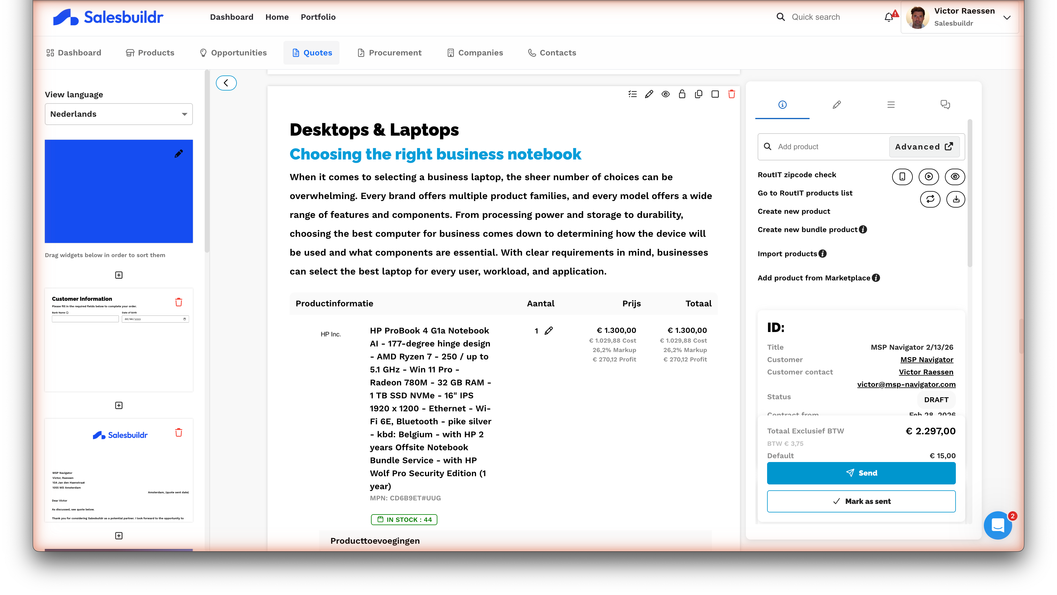 Quote editor showing product table, custom form widget, and summary section with pricing breakdown