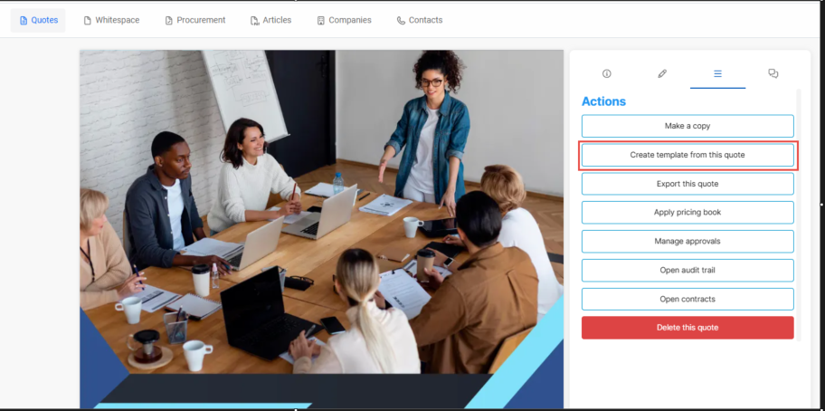 Quote actions menu showing Create template from this quote, Export, Apply pricing book, and other options