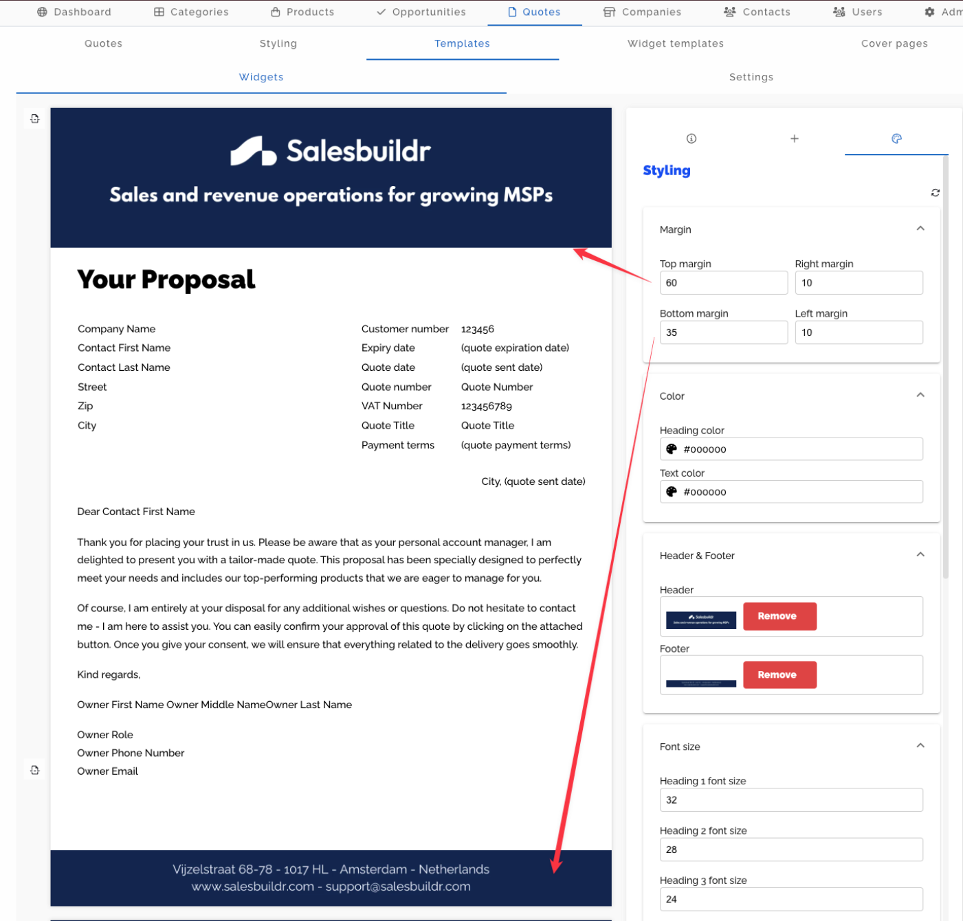 Quote template editor showing widgets layout, right-hand styling panel with margin and font controls, and live preview