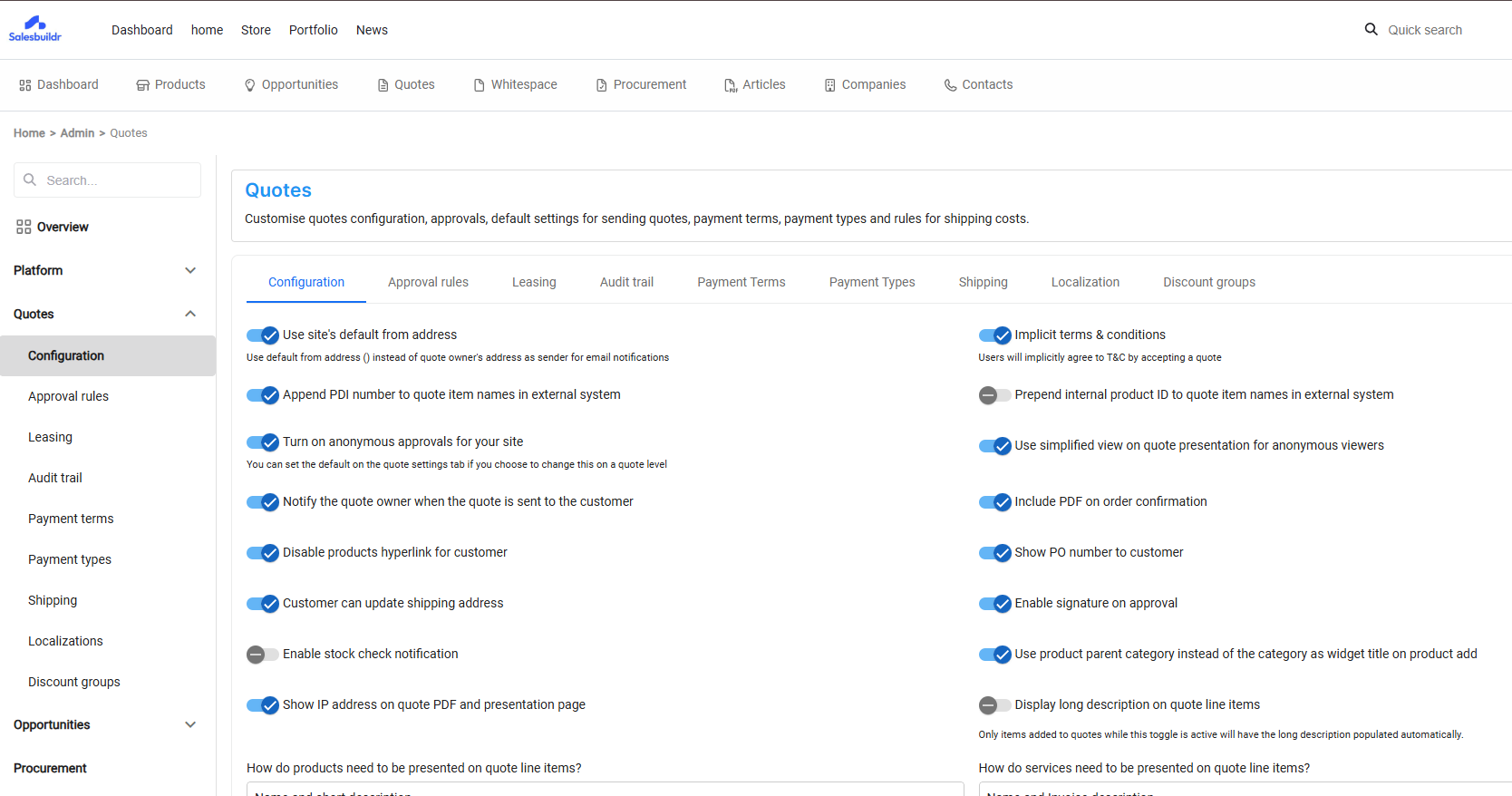 Quote configuration page with global toggle settings for approvals, notifications, and display options