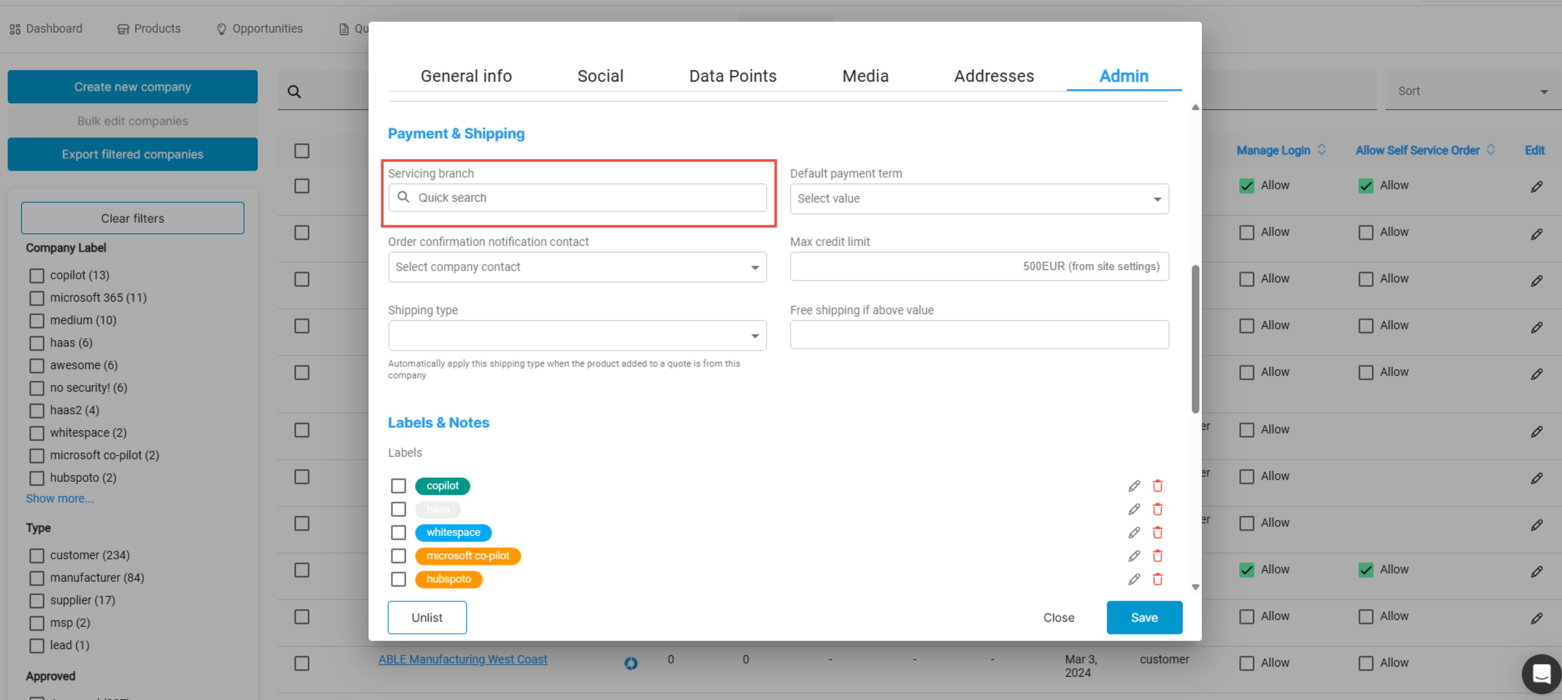 Company admin modal showing payment terms, shipping type, credit limit, and label settings